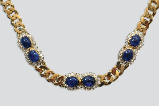 Lot image - Gold, Cabochon Sapphire and Diamond Chain Necklace