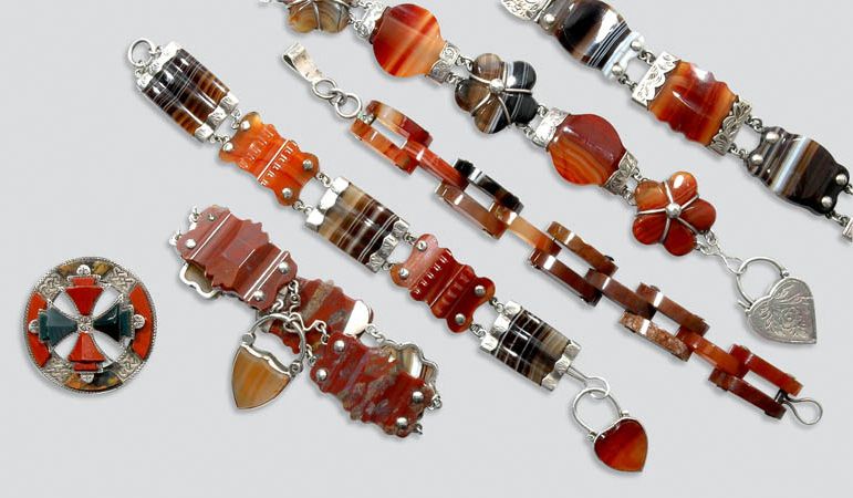 Lot image - Five Antique Agate Bracelets and One Pin
