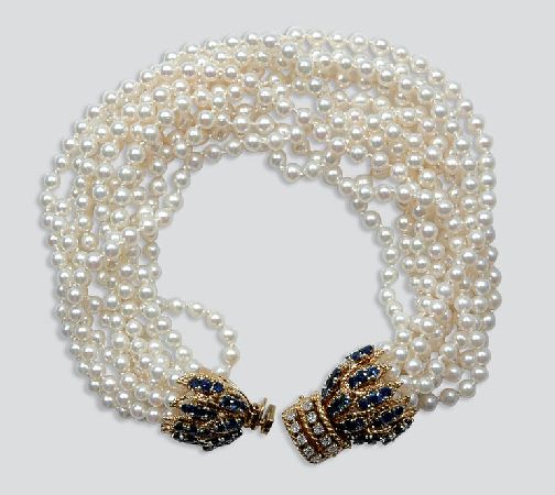 Lot image - Ten Strand Cultured Pearl, Sapphire and Diamond Torsade Bracelet