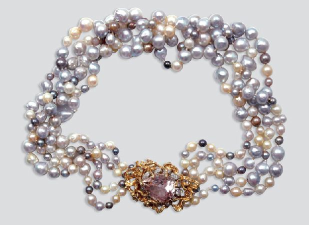 Lot image - Four Strand Multicolored Baroque Cultured Pearl Necklace with Pink Beryl and Diamond Clasp
