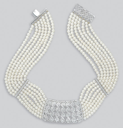 Lot image - Seven Strand Cultured Pearl and Diamond Choker Necklace