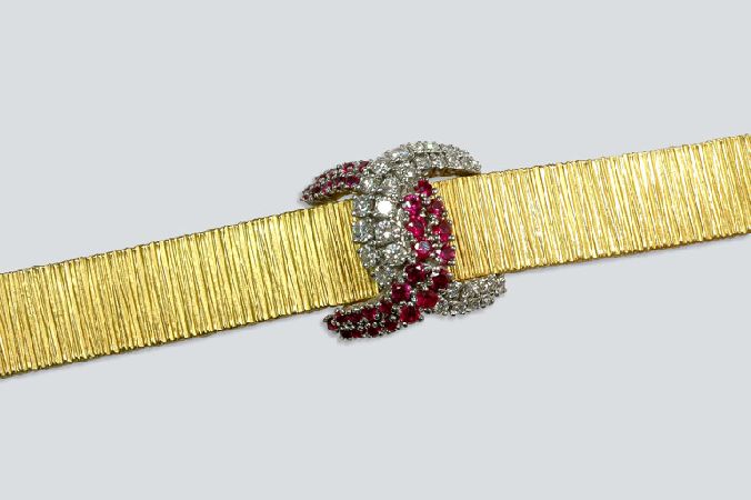 Lot image - Gold, Diamond and Synthetic Ruby Bracelet Watch
