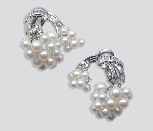 Lot image - Pair of Cultured Pearl and Diamond Earrings