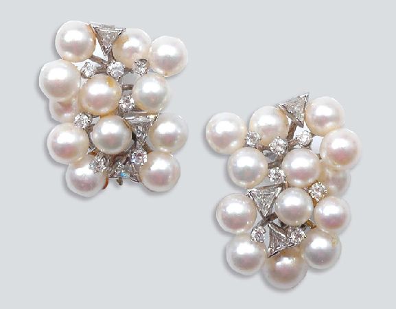 Lot image - Pair of Cultured Pearl and Diamond Cluster Earclips