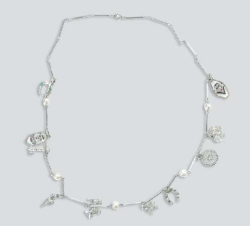 Lot image - Pearl, Diamond, Gem-Set and Enamel Charm Necklace