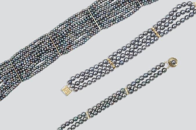 Lot image - Enhanced Multicolored Cultured Pearl Necklace and Two Bracelets