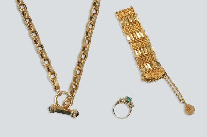 Lot image - Group of Gold Jewelry and Emerald and Diamond Ring