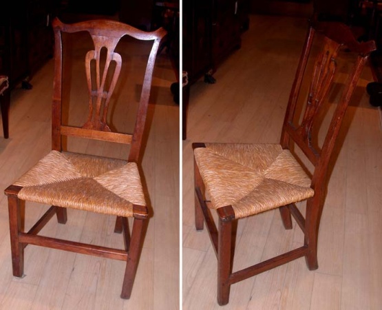 Lot image - Set of Four Chippendale Figured Maple Rush Seat Side Chairs