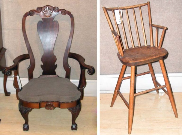 Lot image - Colonial Revival Queen Anne Style Mahogany Open Armchair; Together with a Windsor Style Highchair