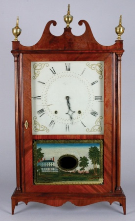 Lot image - Mahogany and Eglomise Pillar and Scroll Mantel Clock