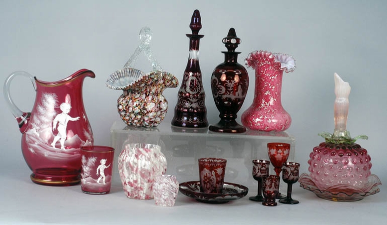 Lot image - Group of Bohemian Etched Ruby Glassware