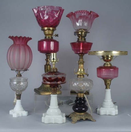 Lot image - Group of Brass and Glass Fluid Lamps
