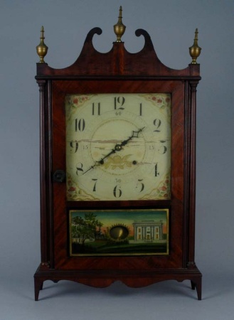 Lot image - Mahogany and Eglomise Pillar and Scroll Mantel Clock