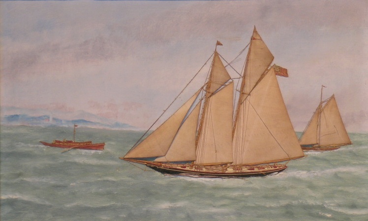 Lot image - Thomas H. Willis American, 1850-1925 FISHING SCHOONER WITH TWO YACHTS WITH LIGHTHOUSE IN THE DISTANCE