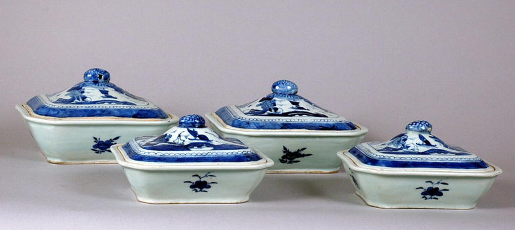 Lot image - Two Pairs of Canton Blue and White Porcelain Covered Dishes