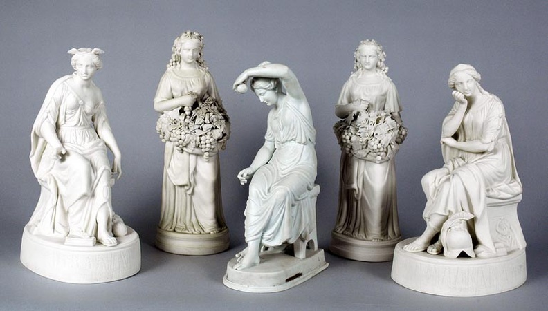 Lot image - Pair of Parian Porcelain Classical Female Figures T/W 2 Parian Type Porcelain Figures of Woman w/ Grapes & Bisque Figure of a Woman