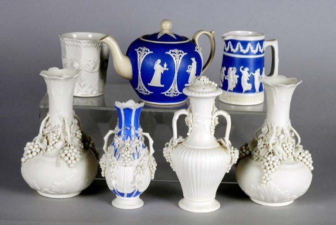 Lot image - Four Parian Type Porcelain Vases T/W with a Parian Type Octagonal Cup, Copeland Globular Teapot and Similiar Jug