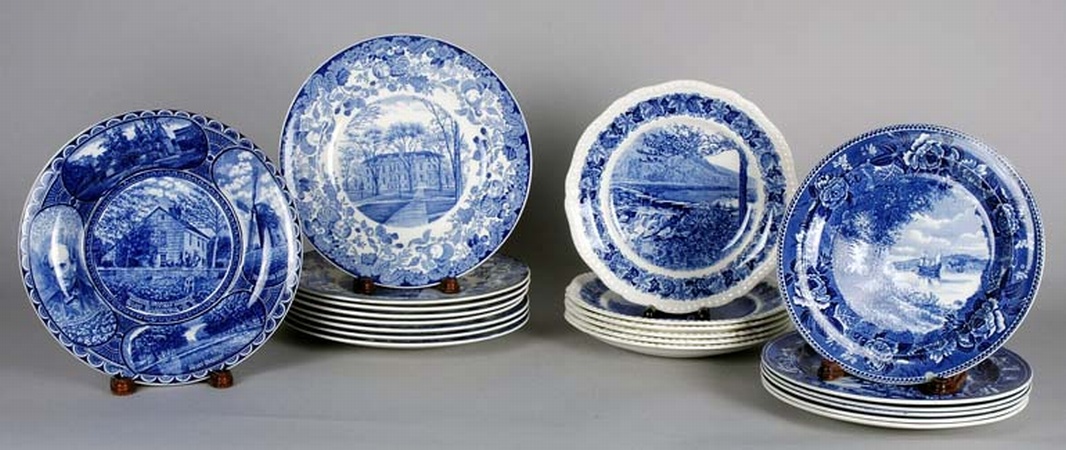 Lot image - Set of 8 Wedgwood Harvard University Blue & White Transfer Decorated Pottery Plates; T/W 6 Wedgewood Historic Plates & an Another Plate