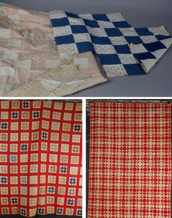 Lot image - Red and White Pieced Cotton Quilt; Together with Another Quilt, Unfinished Quilt Top and a Group of Quilt Squares