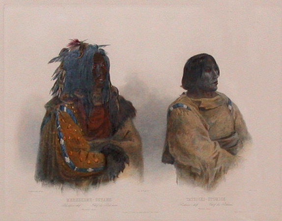 Lot image - After Karl Bodmer MEHKSKEME-SUKAHS, TATSICKI-STOMICK Hand-colored engraving and aquatint