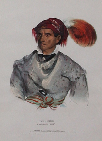 Lot image - McKenney & Hall TAH-CHEE, A CHEROKEE CHIEF Hand-colored lithograph by J. T. Bowen