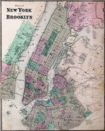 Lot image - F. W. Beers PLAN OF NEW YORK AND BROOKLYN Hand-colored lithograph by Worley & Bracher, 1867