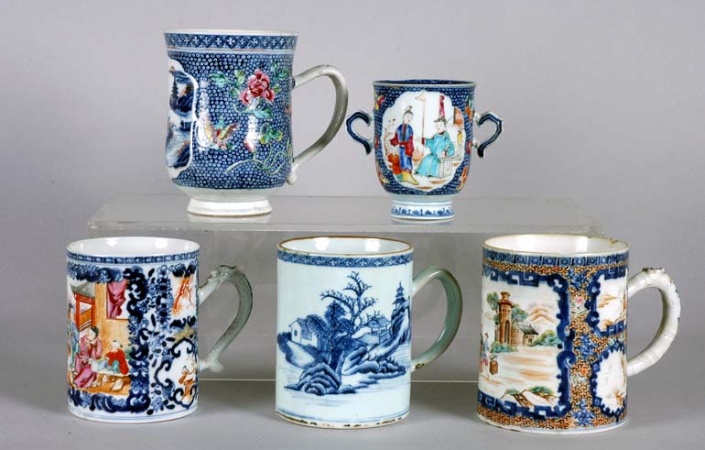 Lot image - Five Chinese Export Porcelain Tankards