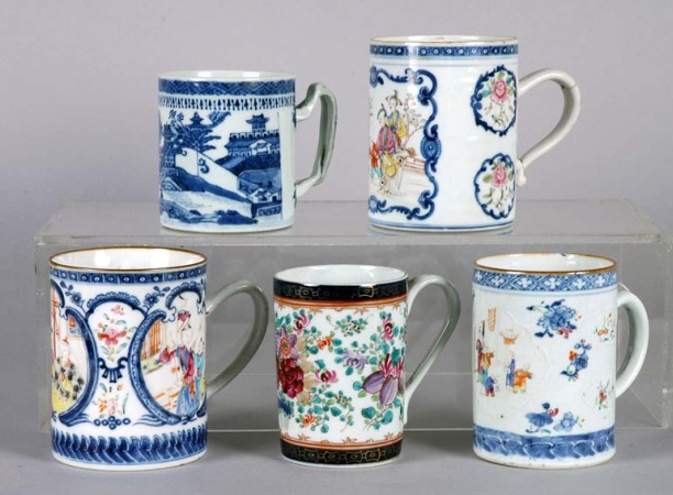 Lot image - Five Chinese Export Porcelain Tankards