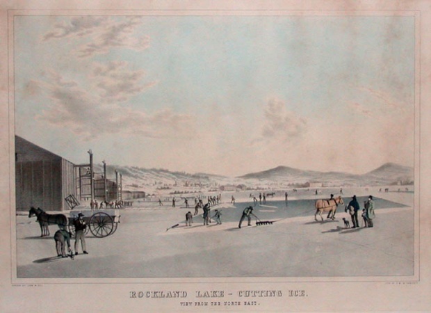 Lot image - After John William Hill ROCKLAND LAKE--CUTTING ICE Hand-colored lithograph by Endicott & Co.