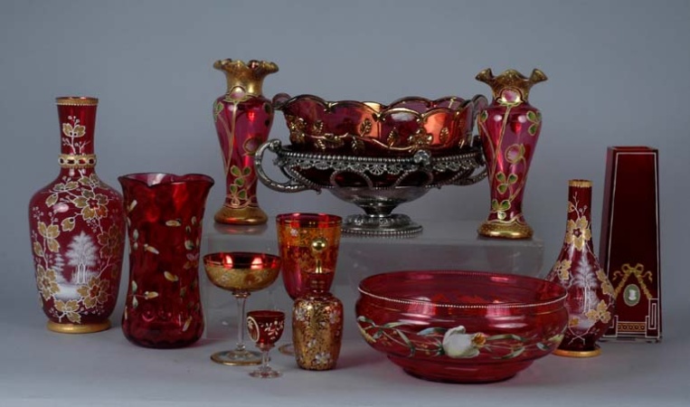 Lot image - Group of Gilt Decorated Cranberry Glassware
