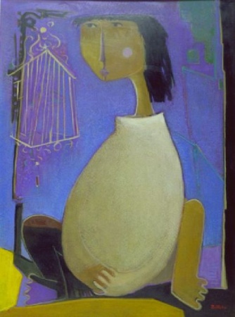 Lot image - Angel Botello Spanish, 1913-1986 WOMAN WITH BIRDCAGE