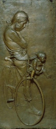 Lot image - Bruno Lucchesi Italian/American, b.1929 MOTHER AND CHILD WITH BICYCLE, 1967