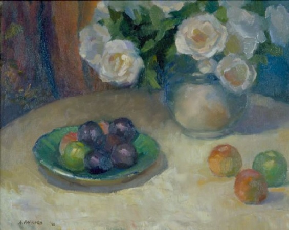 Lot image - Anne Packard b.1933 STILL LIFE WITH ROSES AND PLUMS