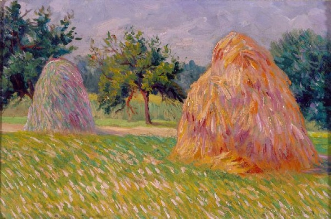 Lot image - Leo Gausson French, 1860-1944 HAY BALES IN A SUNNY LANDSCAPE