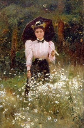 Lot image - Alexander M. Rossi British, 1840-1916 LADY WITH PARASOL IN A FIELD OF DAISIES