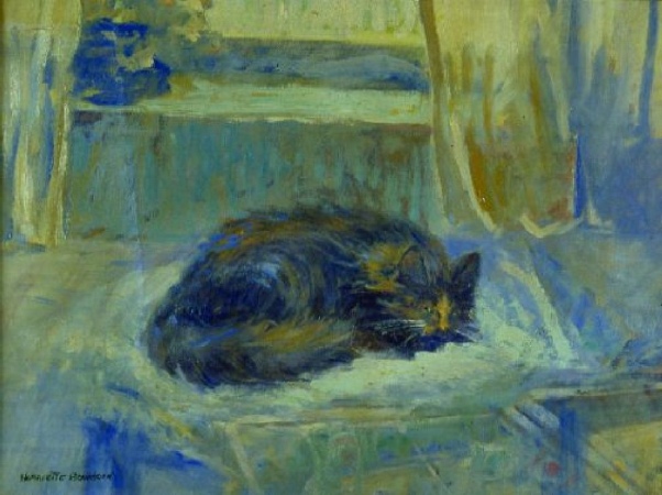 Lot image - Harriette Bowdoin 1880-1947 CAT SEATED ON A PLUSH WHITE PILLOW BEFORE A WINDOW