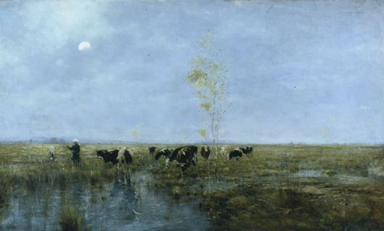 Lot image - Bela von Spanyi Hungarian, 1852-1914 EXTENSIVE LANDSCAPE WITH CATTLE AT DUSK