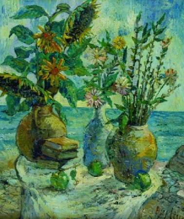 Lot image - David Burliuk Russian/American, 1882-1967 STILL LIFE WITH THREE VASES ON THE SEASHORE