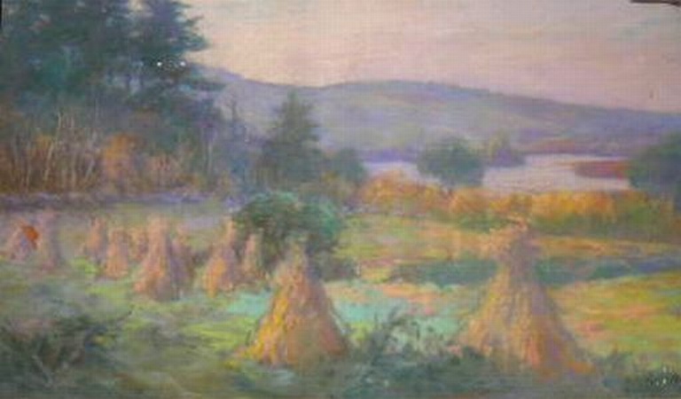 Lot image - Asa Grant Randall American, b.1869 HAYSTACKS BY A RIVER, STILLWATER