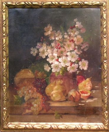 Lot image - Continental School Early 20th century SPRING BLOSSOMS IN A VASE WITH FRUIT ON A TABLE