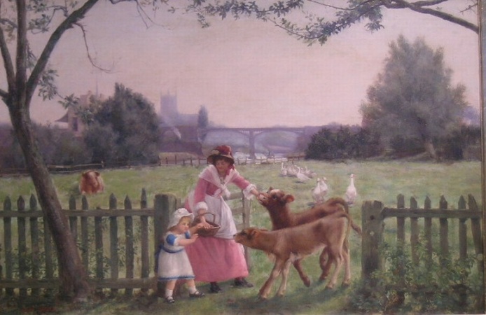 Lot image - Ralph Bowen British, 19th/20th century MOTHER AND DAUGHTER BEFORE A FIELD FEEDING CATTLE