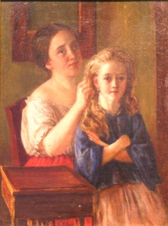 Lot image - Attributed to Lebedev MOTHER BRAIDING HER DAUGHTERS HAIR