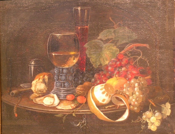 Lot image - Manner of Abraham Mignon STILL LIFE IN A NICHE WITH FRUIT, NUTS, OYSTER, WINE GOBLET, FLUTED GLASS, BUGS AND KEYS