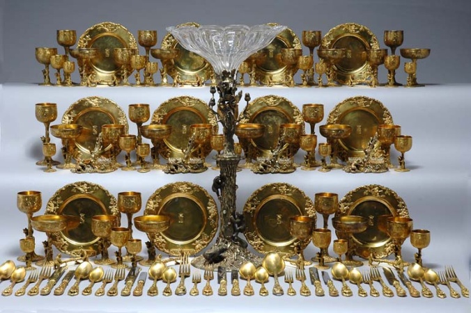 Lot image - Russian Gilt Silver Stemware, Flatware and Dinner Service