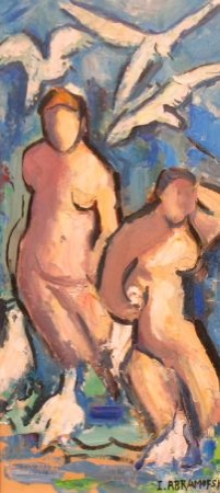 Lot image - Israel Abramofsky (i) BATHERS ON SHORE WITH SEAGULLS and SEAGULLS ON A PIER: 2-SIDED WORK  (ii) FEMALE NUDE (iii) SEATED FEMALE NUDE