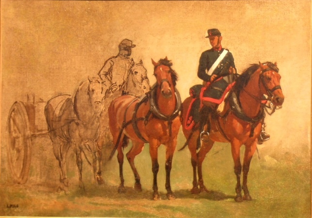 Lot image - Isidore Alexandre Augustin Pils French,1813-1875 TWO ARTILLERY OFFICERS ON HORSEBACK FOLLOWED BY ARTILLERY CAISSON, AN UNFINISHED STUDY