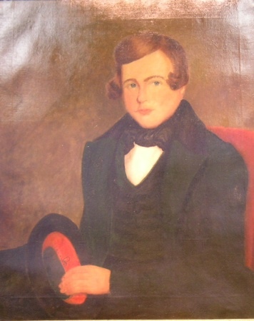 Lot image - American School 19th century YOUNG MAN WITH TOP HAT IN A RED CHAIR