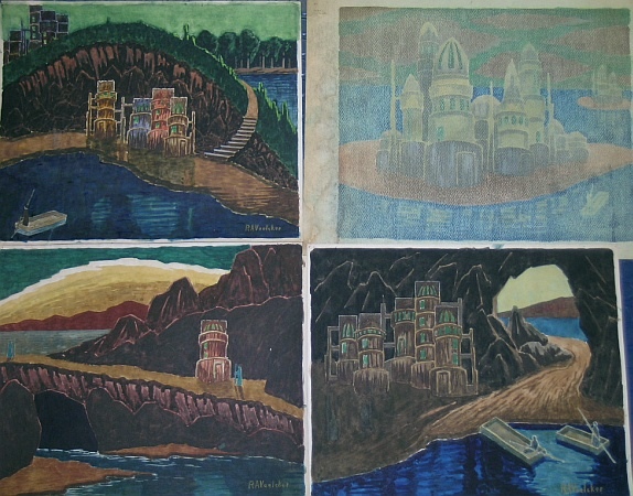 Lot image - Rudolph A. Voelcker American, b.1873 HOUSES AND FIGURES BY THE RIVER: NINE