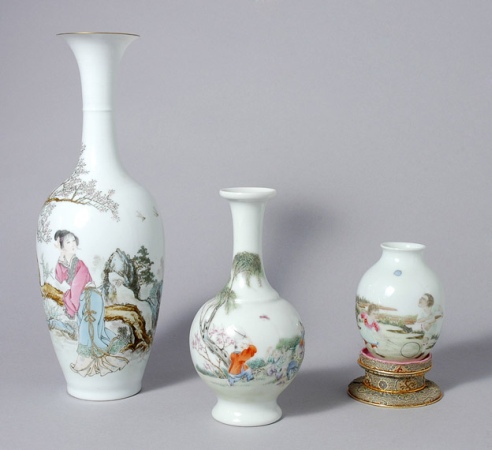 Lot image - Group of Three Chinese Famille Rose Enameled Porcelain Vases