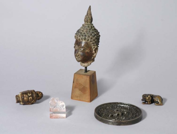 Lot image - Group of Four Bronze Articles; Together with a Glass Seal